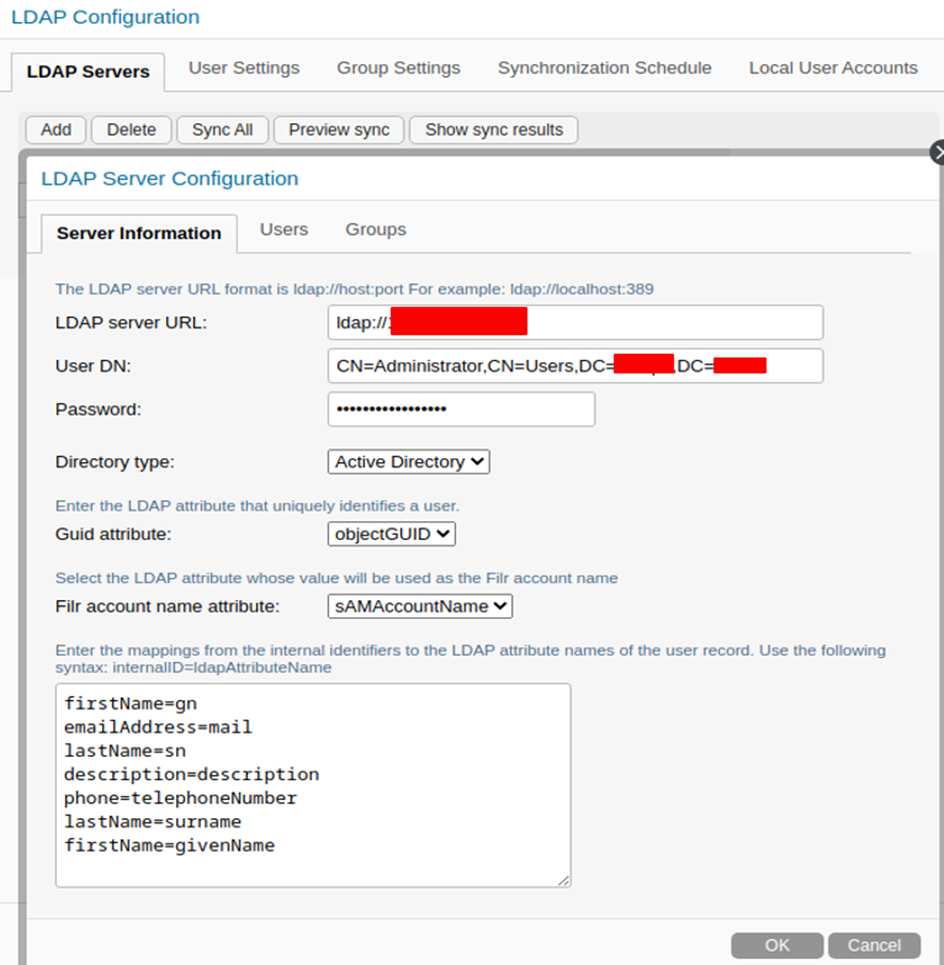Pagina di configurazione LDAP con password mascherata